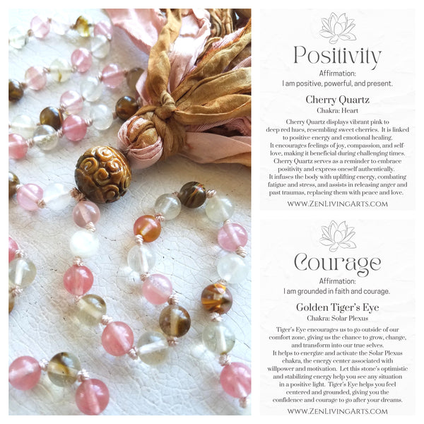 POSITIVE CHANGE. Cherry Quartz & Golden Tiger's Eye Crystals Gemstones Silk Tassel. Full Mala 108 Prayer Beads. Mindfulness & Meditation.