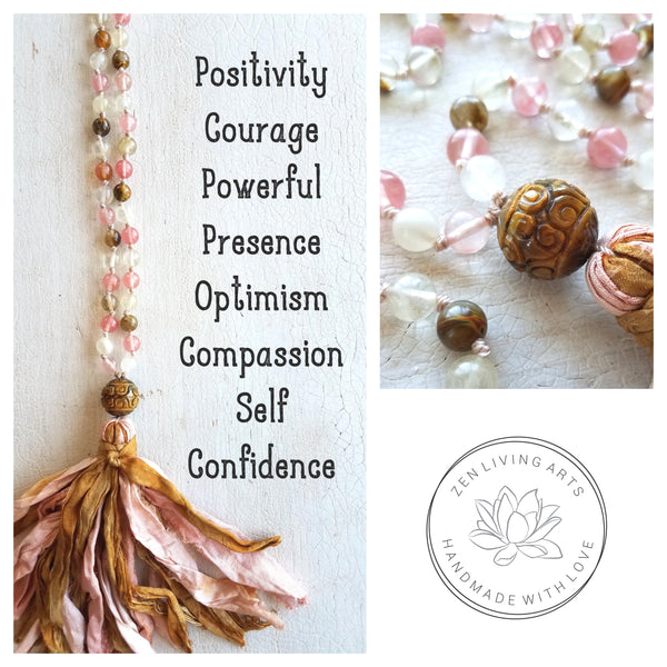 POSITIVE CHANGE. Cherry Quartz & Golden Tiger's Eye Crystals Gemstones Silk Tassel. Full Mala 108 Prayer Beads. Mindfulness & Meditation.