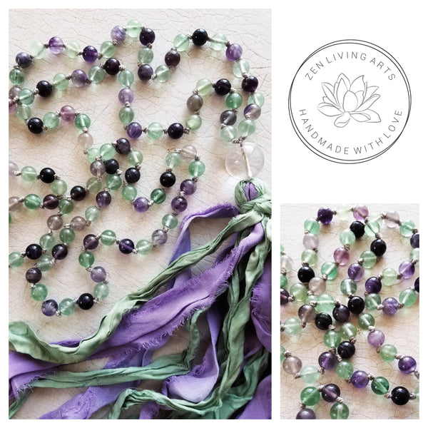 MENTAL CLARITY. Fluorite & Clear Quartz Crystals Gemstones Silk Tassel. Full Mala 108 Prayer Beads. Mindfulness & Meditation.