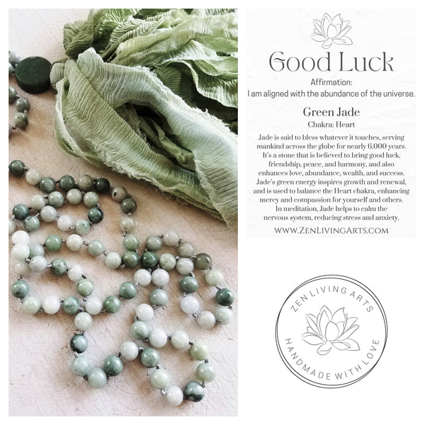 GROWTH AND RENEWAL. Green & White Jade Crystals Gemstones Silk Tassel. Full Mala 108 Prayer Beads. Mindfulness & Meditation.