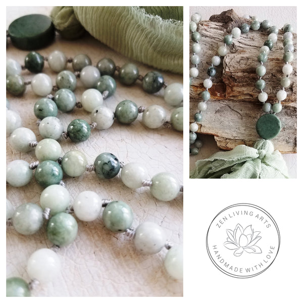 GROWTH AND RENEWAL. Green & White Jade Crystals Gemstones Silk Tassel. Full Mala 108 Prayer Beads. Mindfulness & Meditation.