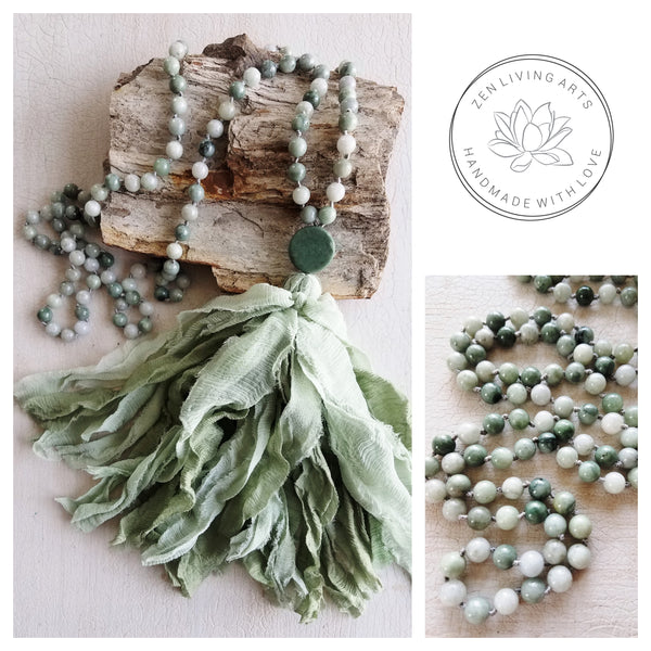 GROWTH AND RENEWAL. Green & White Jade Crystals Gemstones Silk Tassel. Full Mala 108 Prayer Beads. Mindfulness & Meditation.