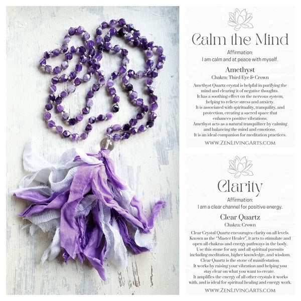FOCUS AND CLARITY. Amethyst & Clear Quartz Crystals Gemstones Silk Tassel. Full Mala 108 Prayer Beads. Mindfulness & Meditation.