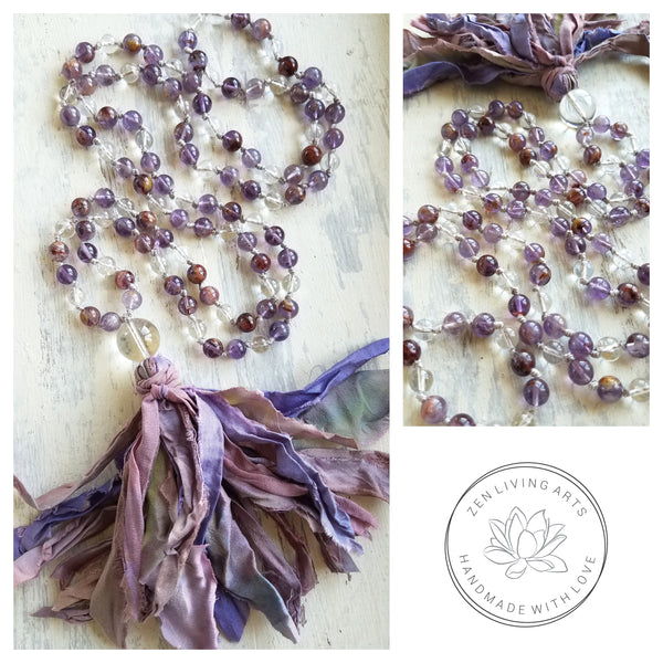 TRANSFORMATION. Super Seven & Clear Quartz Crystals Gemstones Silk Tassel. Full Mala 108 Prayer Beads. Mindfulness & Meditation.