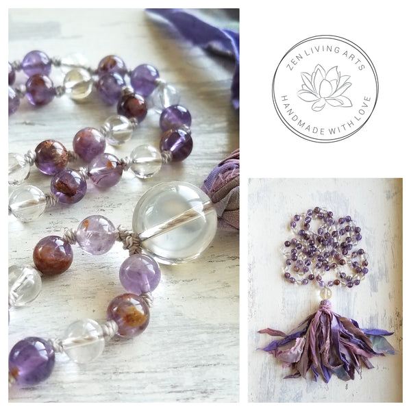 TRANSFORMATION. Super Seven & Clear Quartz Crystals Gemstones Silk Tassel. Full Mala 108 Prayer Beads. Mindfulness & Meditation.