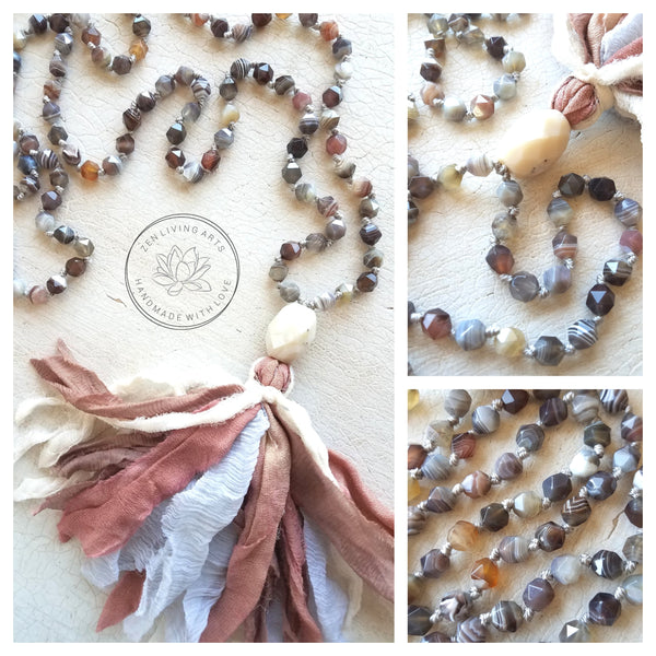 EMOTIONAL COMFORT. Botswana Agate & White Agate Crystals Gemstones Silk Tassel. Full Mala 108 Prayer Beads. Mindfulness & Meditation.