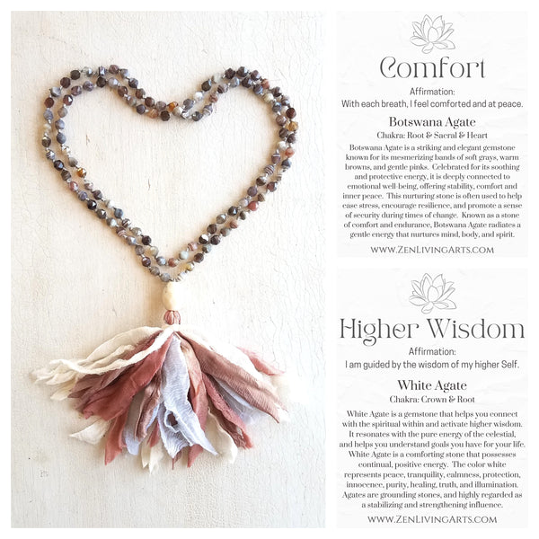 EMOTIONAL COMFORT. Botswana Agate & White Agate Crystals Gemstones Silk Tassel. Full Mala 108 Prayer Beads. Mindfulness & Meditation.