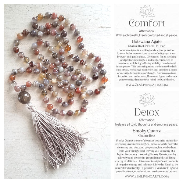COMFORT AND PEACE. Botswana Agate & Smoky Quartz Crystals Gemstones Silk Tassel. Full Mala 108 Prayer Beads. Mindfulness & Meditation.