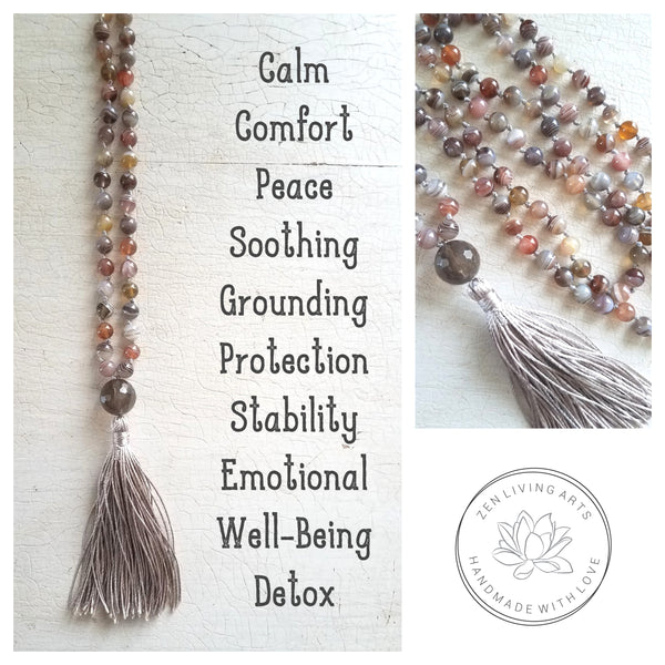 COMFORT AND PEACE. Botswana Agate & Smoky Quartz Crystals Gemstones Silk Tassel. Full Mala 108 Prayer Beads. Mindfulness & Meditation.