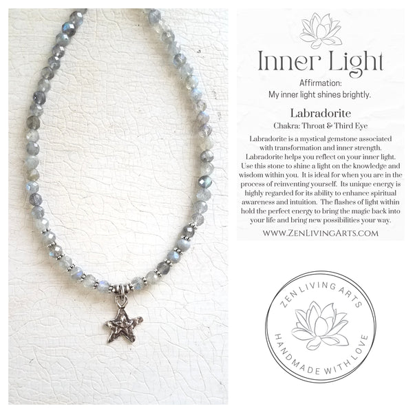 SHINE BRIGHT. Sterling Silver Star Pendant & Labradorite Crystals Gemstones Necklace. Inspirational Artisan Jewelry.