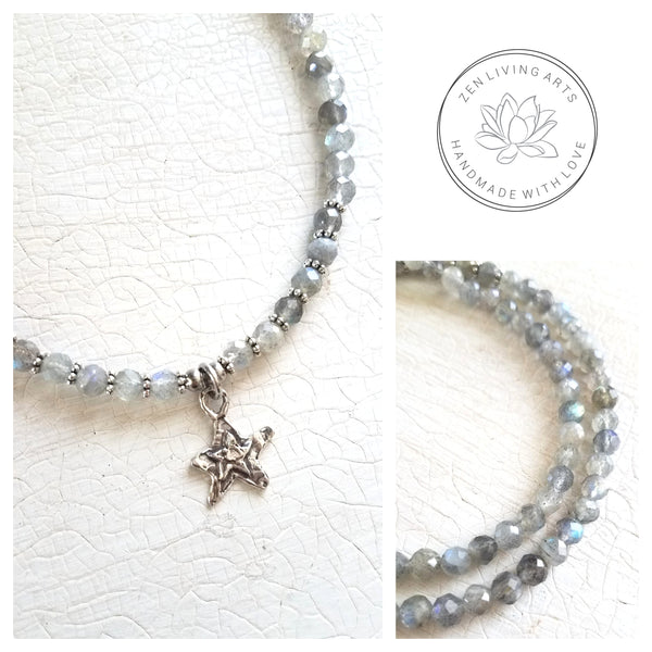 SHINE BRIGHT. Sterling Silver Star Pendant & Labradorite Crystals Gemstones Necklace. Inspirational Artisan Jewelry.