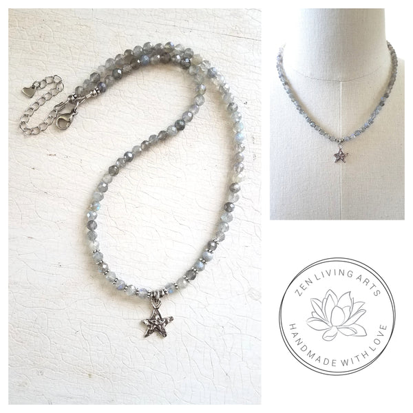 SHINE BRIGHT. Sterling Silver Star Pendant & Labradorite Crystals Gemstones Necklace. Inspirational Artisan Jewelry.