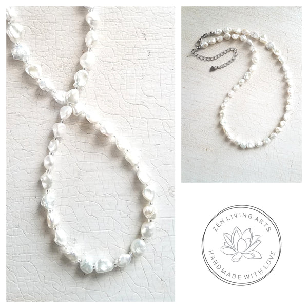 NURTURE. Organic White Biwa Freshwater Pearl Nuggets & Czech Glass Beaded Necklace. Inspirational Artisan Jewelry.