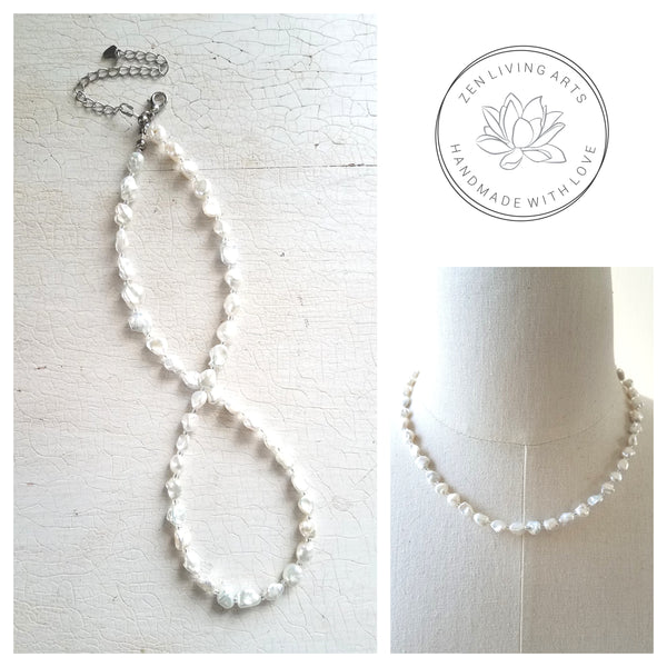 NURTURE. Organic White Biwa Freshwater Pearl Nuggets & Czech Glass Beaded Necklace. Inspirational Artisan Jewelry.