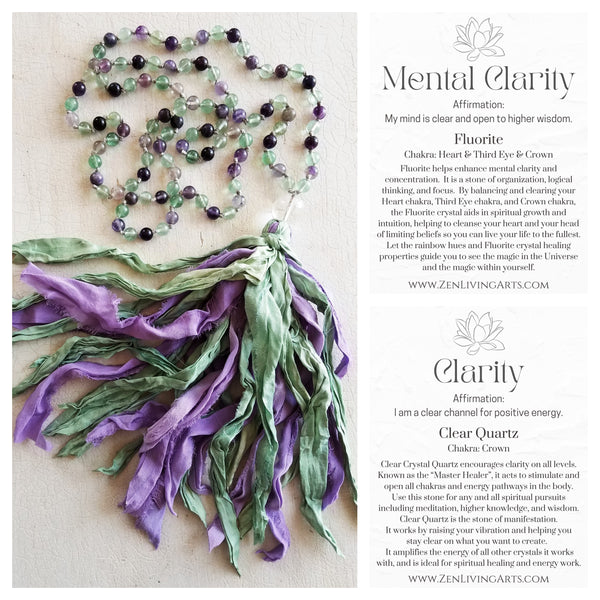 MENTAL CLARITY. Fluorite & Clear Quartz Crystals Gemstones Silk Tassel. Full Mala 108 Prayer Beads. Mindfulness & Meditation.