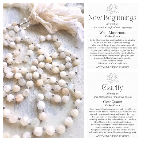 ILLUMINATION. White Moonstone & Clear Quartz Crystals Gemstones Silk Tassel. Full Mala 108 Prayer Beads. Mindfulness & Meditation.