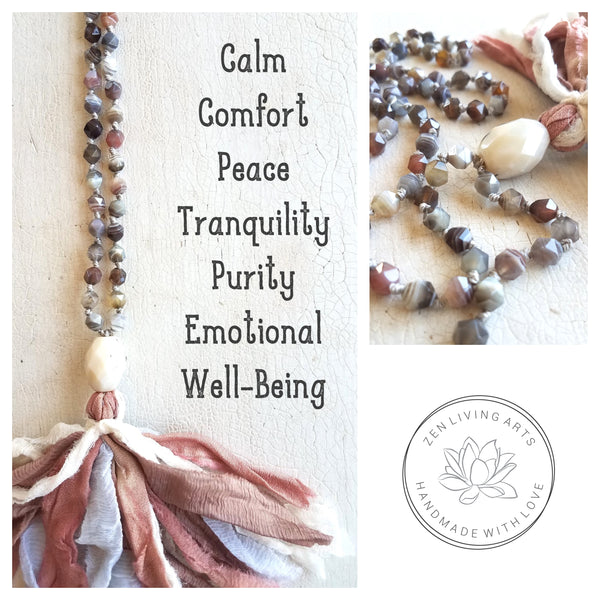 EMOTIONAL COMFORT. Botswana Agate & White Agate Crystals Gemstones Silk Tassel. Full Mala 108 Prayer Beads. Mindfulness & Meditation.