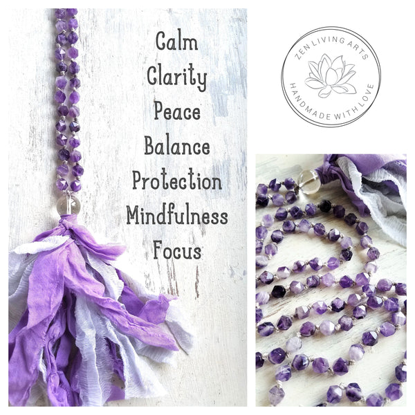 FOCUS AND CLARITY. Amethyst & Clear Quartz Crystals Gemstones Silk Tassel. Full Mala 108 Prayer Beads. Mindfulness & Meditation.