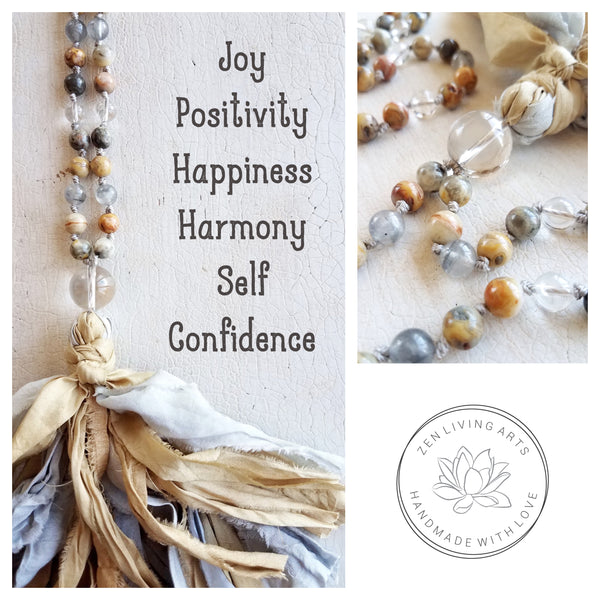 CHOOSE JOY. Crazy Lace Agate & Clear Quartz Crystals Gemstones Silk Tassel. Full Mala 108 Prayer Beads. Mindfulness & Meditation.