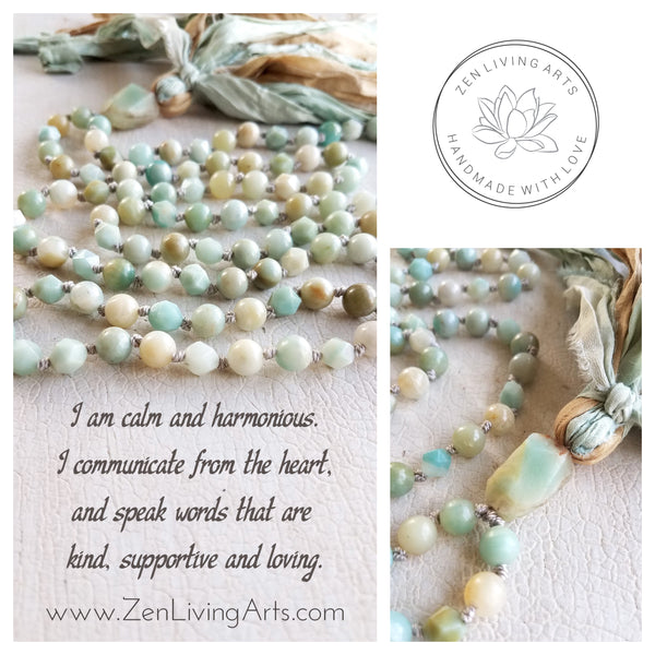 EMBRACE YOUR TRUTH. Amazonite Crystals Gemstones Silk Tassel. Full Mala 108 Prayer Beads. Mindfulness & Meditation.