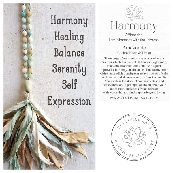 EMBRACE YOUR TRUTH. Amazonite Crystals Gemstones Silk Tassel. Full Mala 108 Prayer Beads. Mindfulness & Meditation.