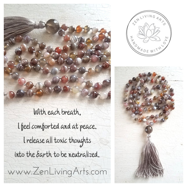 COMFORT AND PEACE. Botswana Agate & Smoky Quartz Crystals Gemstones Silk Tassel. Full Mala 108 Prayer Beads. Mindfulness & Meditation.