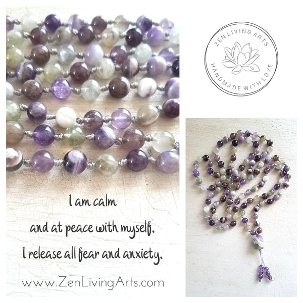 PEACEFUL MIND. Chevron Amethyst Quartz Crystals Gemstones. Full Mala 108 Prayer Beads. Mindfulness & Meditation.