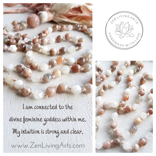 DIVINE FEMININE. Peach & White Moonstone Crystals Gemstones Silk Tassel. Full Mala 108 Prayer Beads. Mindfulness & Meditation.