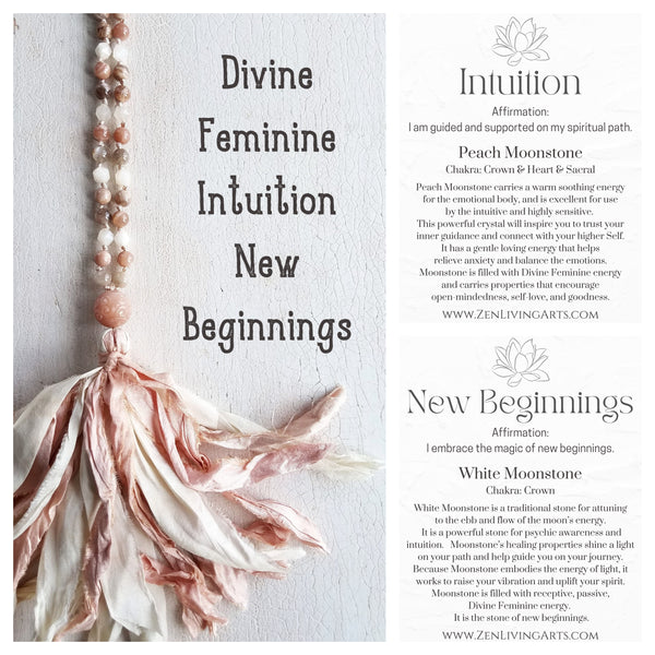 DIVINE FEMININE. Peach & White Moonstone Crystals Gemstones Silk Tassel. Full Mala 108 Prayer Beads. Mindfulness & Meditation.