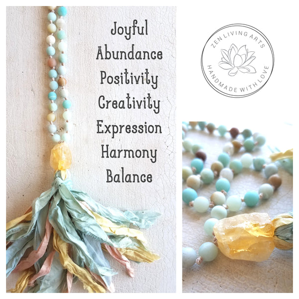 SELF-EXPRESSION. Amazonite & Citrine Crystals Gemstones Silk Tassel. Full Mala 108 Prayer Beads. Mindfulness & Meditation.