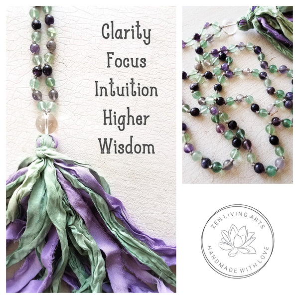 MENTAL CLARITY. Fluorite & Clear Quartz Crystals Gemstones Silk Tassel. Full Mala 108 Prayer Beads. Mindfulness & Meditation.