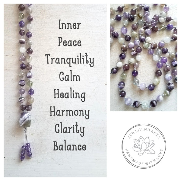PEACEFUL MIND. Chevron Amethyst Quartz Crystals Gemstones. Full Mala 108 Prayer Beads. Mindfulness & Meditation.