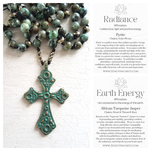 FAITH OVER FEAR. Green Verdigris Cross Pendant with Jasper & Pyrite Crystals Gemstones Necklace. Inspirational Artisan Jewelry.