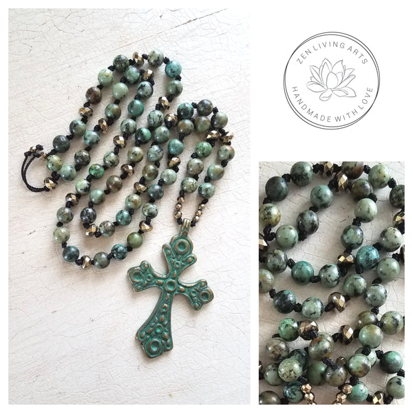 FAITH OVER FEAR. Green Verdigris Cross Pendant with Jasper & Pyrite Crystals Gemstones Necklace. Inspirational Artisan Jewelry.