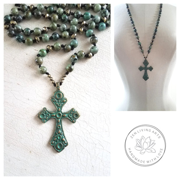 FAITH OVER FEAR. Green Verdigris Cross Pendant with Jasper & Pyrite Crystals Gemstones Necklace. Inspirational Artisan Jewelry.
