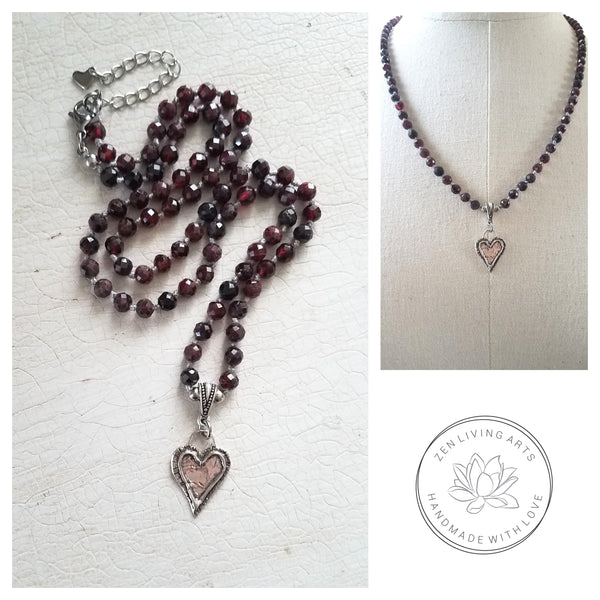 DEVOTION. Sterling Silver Heart Pendant & Red Garnet Crystals Gemstones Necklace. Inspirational Artisan Jewelry.
