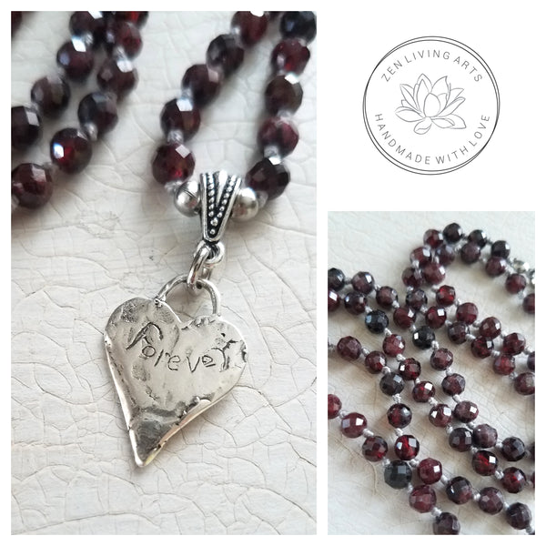 DEVOTION. Sterling Silver Heart Pendant & Red Garnet Crystals Gemstones Necklace. Inspirational Artisan Jewelry.