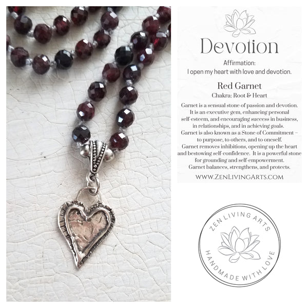 DEVOTION. Sterling Silver Heart Pendant & Red Garnet Crystals Gemstones Necklace. Inspirational Artisan Jewelry.