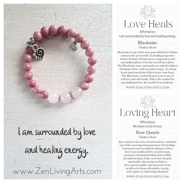 LOVE HEALS. Rose Quartz & Rhodonite Crystals Gemstones Adjustable Charm Bracelet. Inspirational Artisan Jewelry.