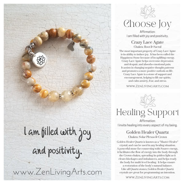 JOY. Golden Healing Quartz & Crazy Lace Agate Crystals Gemstones Adjustable Charm Bracelet. Inspirational Artisan Jewelry.