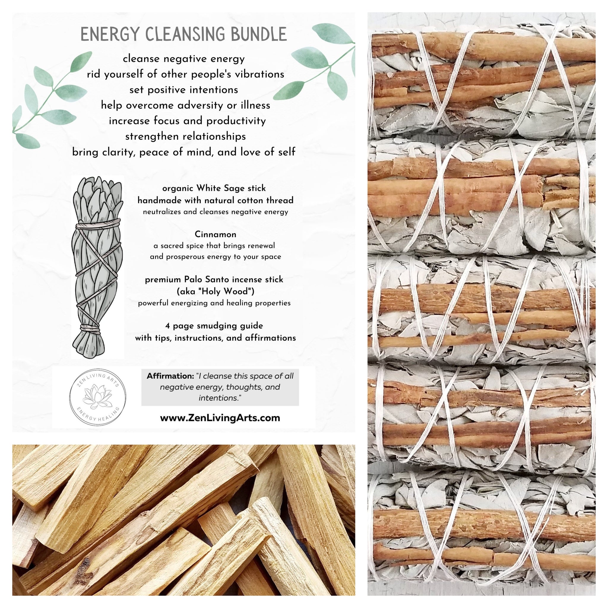 Cinnamon, White Sage, & Palo Santo. Premium Smudging Sticks. Energy Cleansing Bundle.