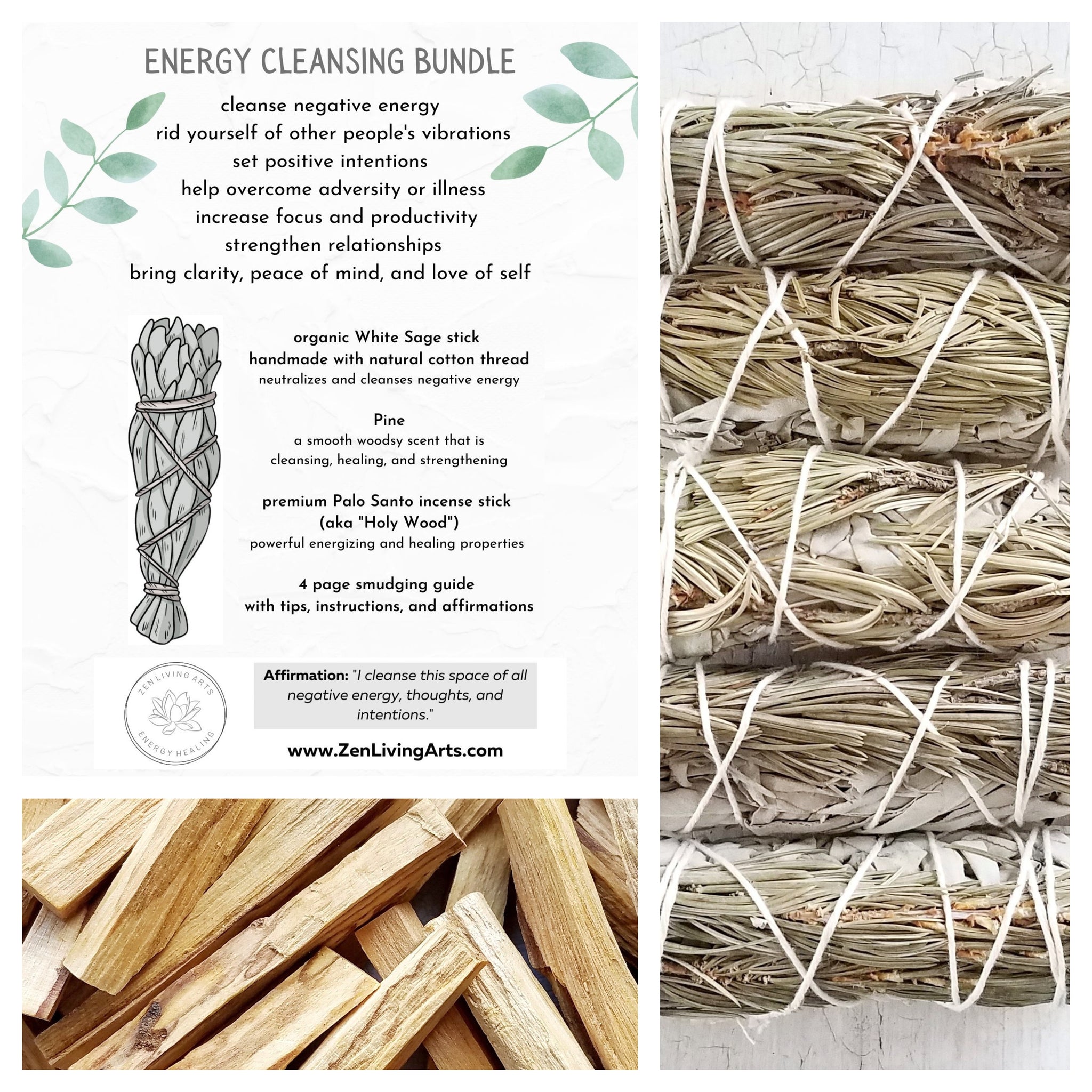 Pine, White Sage, & Palo Santo. Premium Smudging Sticks. Energy Cleansing Bundle.