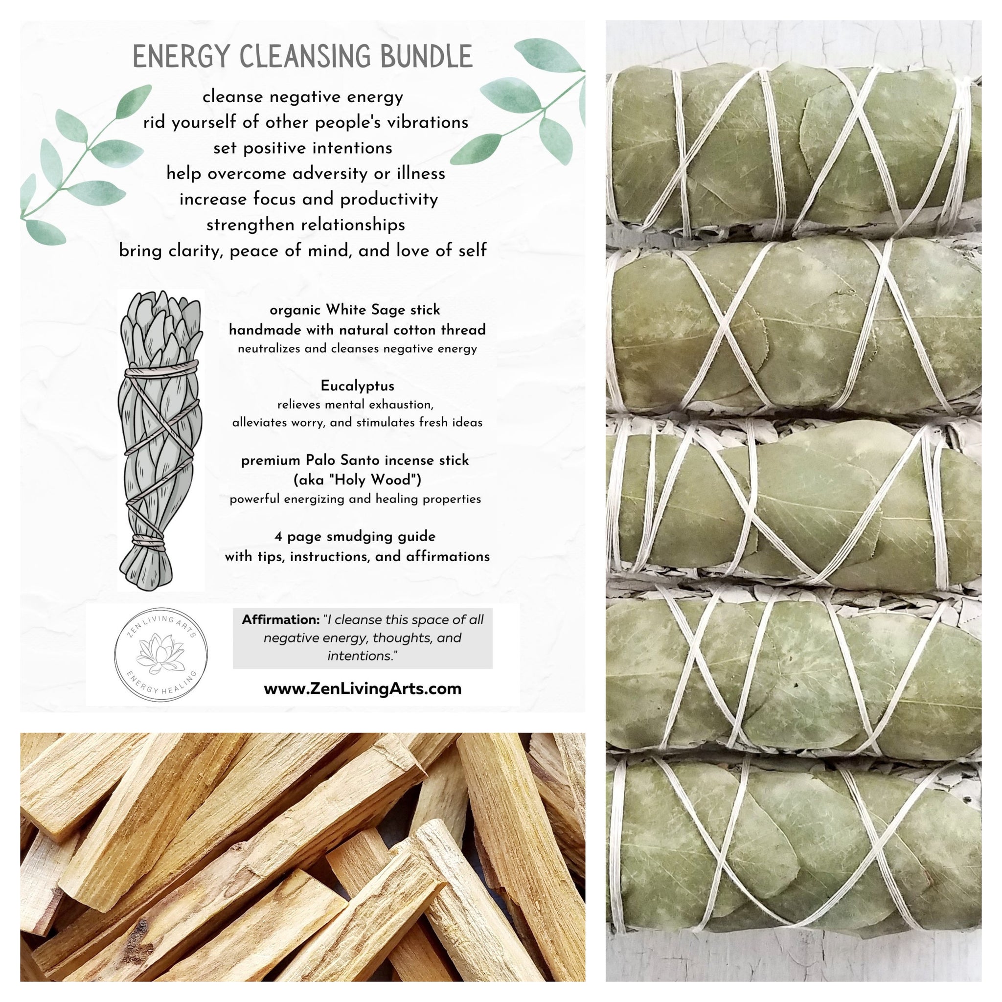 Eucalyptus, White Sage, & Palo Santo. Premium Smudging Sticks. Energy Cleansing Bundle.