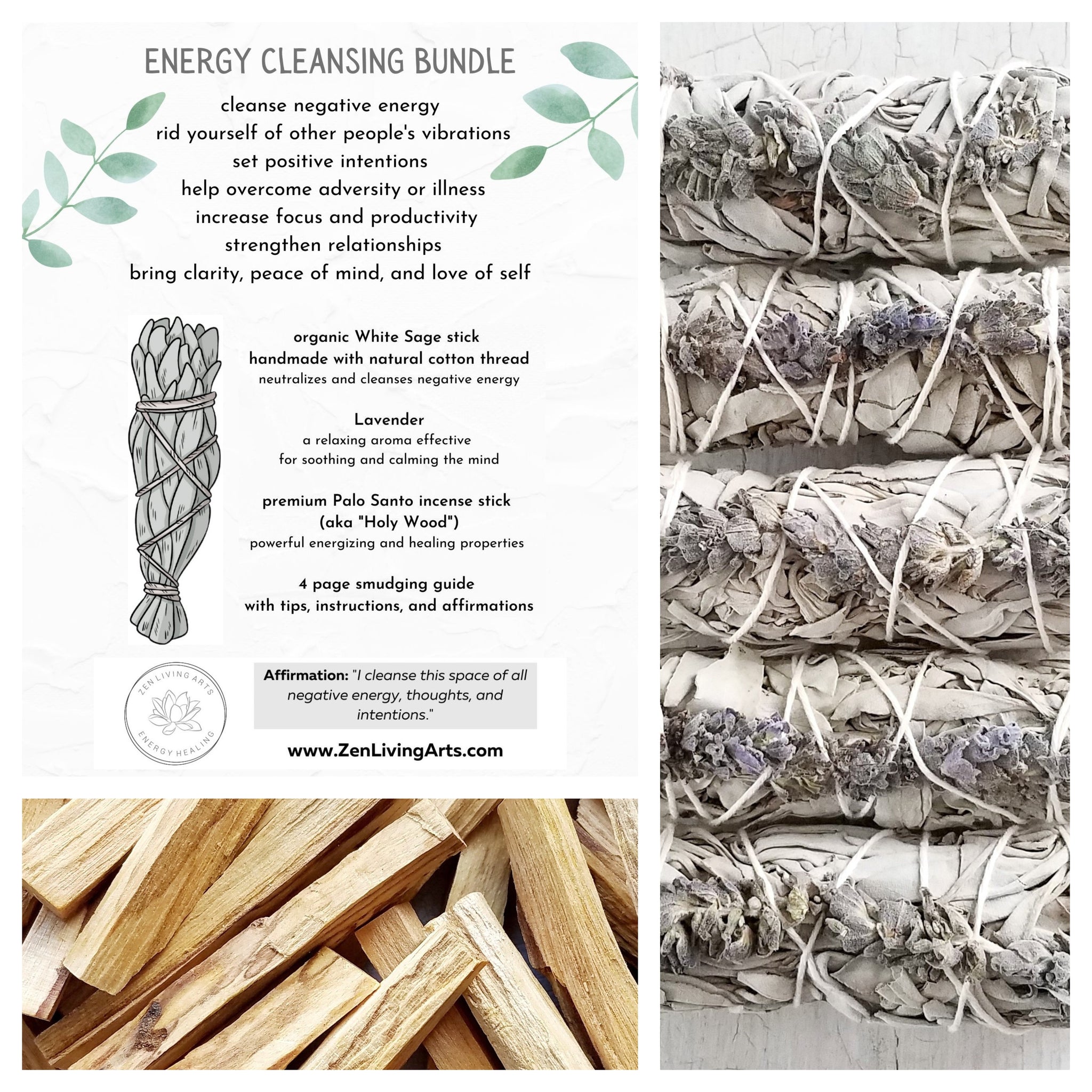 Lavender, White Sage, & Palo Santo. Premium Smudging Sticks. Energy Cleansing Bundle.
