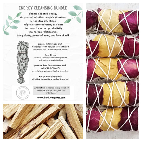 Rose Petals, White Sage, & Palo Santo. Premium Smudging Sticks. Energy Cleansing Bundle.