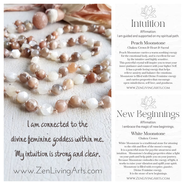 DIVINE FEMININE. Peach & White Moonstone Gemstone Necklace. Full Mala 108 Beads. Mindful Jewelry.
