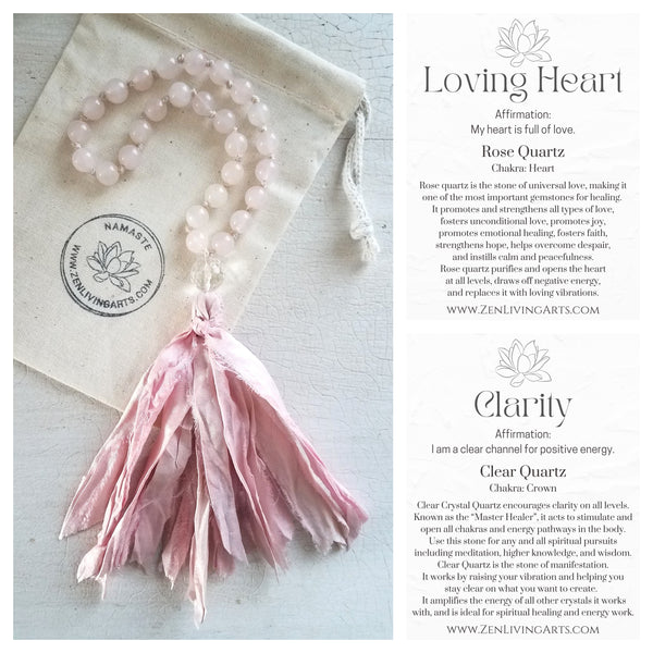 LOVING HEART. Rose Quartz & Clear Quartz Crystal Mini Mala. Quarter Mala 27 Prayer Beads. Mindful Meditation.