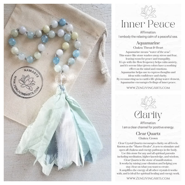 INNER PEACE. Aquamarine & Clear Quartz Crystal Mini Mala. Quarter Mala 27 Prayer Beads. Mindful Meditation.