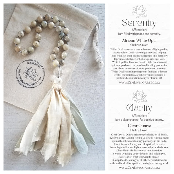 SERENITY. African White Opal & Clear Quartz Crystal Mini Mala. Quarter Mala 27 Prayer Beads. Mindful Meditation.