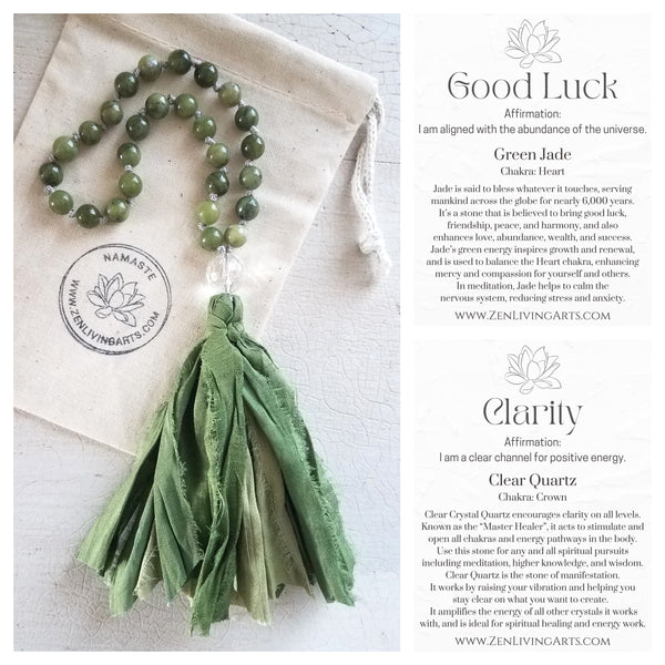 GOOD LUCK. Green Jade & Clear Quartz Crystal Mini Mala. Quarter Mala 27 Prayer Beads. Mindful Meditation.